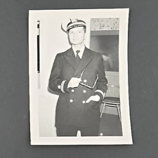 Vintage Photograph Handsome Man in Navy Captain Uniform Holding Glasses B&W picture