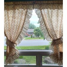 Vintage 80s ruffled curtains, panels with tieback, beige & tan clover pattern picture