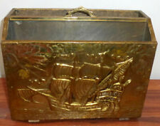 ANTIQUE VINTAGE EMBOSSED BRASS MAGAZINE RACK SHIP DESIGN INLAY FROM ENGLAND  picture