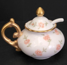 Pink Roses Porcelain Sugar Bowl Gold Trim With Lid and Porcelain Spoon picture