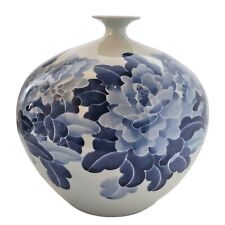 Vintage Large Chinese Bulbous Vase Peony Porcelain Blue Late 20th C. 12.5
