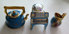 LIMOGES FRANCE Porcelain Piano Trinket Box TEAPOT Pitcher Light Blue Lot of 3 picture