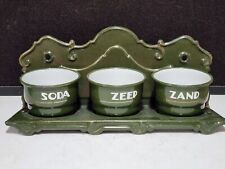 Vintage Dutch Zand, Zeep, Soda Enamel Laundry Rack W/ 3 GREEN Enamelware Pots picture