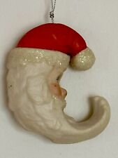 Vintage Santa Claus Crescent Moon Ornament Bisque Porcelain Handpainted Glitter picture