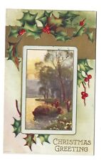 1912 Bringing Cut Christmas Tree Home in Boat Men River Holly Embossed Postcard picture