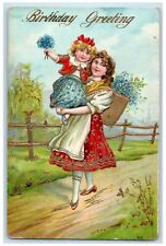 1911 Birthday Greeting Mother And Daughter Pansies Flowers Basket Postcard picture