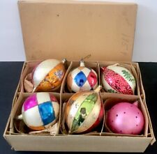 6 VTG JUMBO BLOWN GLASS PAINTED MICA POLAND ORNAMENTS HARLEQUIN,STRIPES,PINK ETC picture