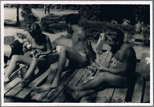 1970s Shirtless Guys Trunks Bulge Muscle Affectionate Girl In Swimsuit Old Photo picture