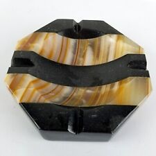 RARE Vintage Art Deco Ashtray Striped Pattern Marble Black Onyx Octagon Heavy picture