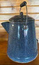 Vtg X-Large Cowboy Granite Ware Blue Metal Enamel Coffee Pot Kettle Wood Handle picture