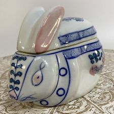 Vtg Chinese Bunny Rabbit Trinket Box Porcelain Blue White Lidded Lg Chinoiserie picture