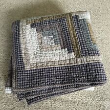 Vintage Handmade Queen Plaid Quilt Log Cabin Lake Americana Navy Natural Tan picture