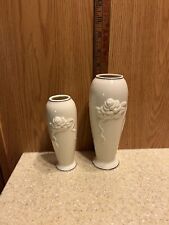 Pair Of Lenox Textured Rose Ivory Gold Trimmed Vases picture