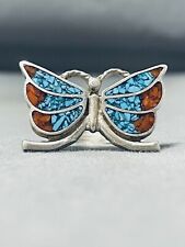 WONDERFUL VINTAGE ZUNI TURQUOISE CORAL CHIP INLAY STERLING SILVER BUTTERFLY RING picture