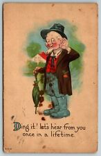 Ding it Let's Hear From You Once in a While Cartoon Man Umbrella 1915 Postcard picture