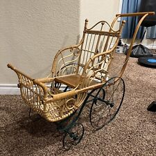 Antique Baby Doll & Carriage Wood & Wicker Stroller Baby Buggy picture
