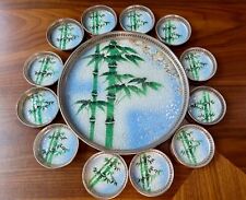 Vtg Glass & Reticulated Metal Bamboo Japan 12 Coaster Set W Tray Tiki Bar Style picture