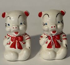 Vintage Pottery Anthropomorphic Ivory & Red Trimmed Pig Salt & Pepper Shakers picture