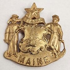 Antique Maine State Seal Pin Brass RARE Brooch C Clasp DIRIGO Farmer Seaman Vtg picture