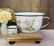 Vintage Daugherty Studio Hand Painted Pig Enamelware Popcorn Pot w/Mini Cup Set picture
