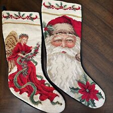 Father Christmas Santa Angel Wool Velvet Needlepoint Stocking 11x20 Vintage picture