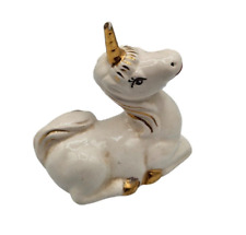 Vintage 1970s Ceramic Unicorn Figurine Hand Painted Cream Gold Horn Hooves picture