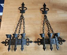 2 Vintage Gothic 3-Candle Cast Metal Wall Sconce W/ Chains Sexton 1967 USA picture