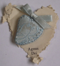 Vtg new worn paper card Agnus Dei embroidered relic badge religious heart shape picture
