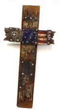 Rustic Western Faux Wooden American USA Flag Wall Cross On Real Wood 16x8