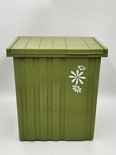 Vintage Avocado Green Fesco Trash Can/Storage Container w/White Flowers w/Lid picture