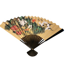 Vintage Large Asian Folding Fan Crane Floral Wall Art Decorative Oriental W/Box picture