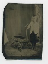 Ca. 1870s-1880s TINTYPE OF BOY & TOY WAGON WITH RUNNING HORSE PAINTED DECORATION picture