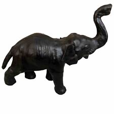 Vintage Leather Covered ELEPHANT - Trunk Up 11” Tall Statue - Tusks - Glass Eyes picture