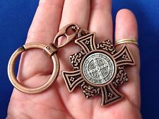 Antique Copper St BENEDICT KEYCHAIN Medal Protection Saint Metal Key Ring ITALY picture