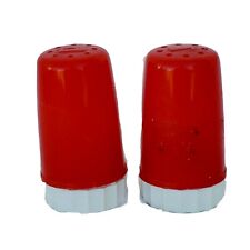 Vintage Plastic Salt & Pepper Shakers Red Cylinder Twist Off Base Camping Picnic picture