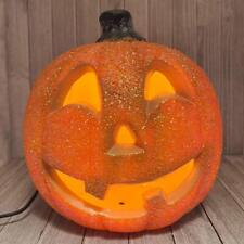 Vtg Halloween Light Up Plastic Blow Mold Glittered Happy JackOLantern Pumpkin picture