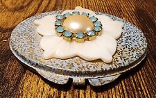 Vintage Hand Painted Compact Brass & Enamel Double Mirrors w/ Decorative Pearl picture