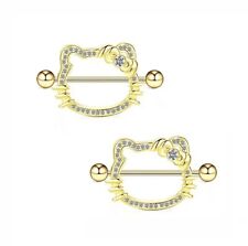 2PCS/ Sexy Hello Kitty Cat Gold Plated Barbell Nipple Piercings picture