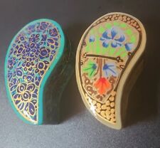 2 Handpainted Ornate Jewelry Wood Paper Mache Trinket Ring Box Kidney Shape picture