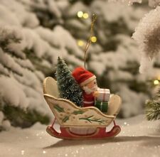 Vintage Santa Claus in Sleigh w/ Bottlebrush Tree Wooden Christmas Ornament picture