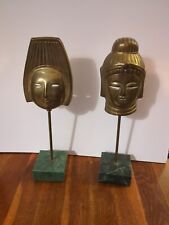 Pair of Vintage Brass Oriental Asian MaskS on Marble Bases - RARE picture