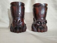 Unique Vintage Asian Wood Hand Carved Elder Wise Man Head Bust  Set Of 2 picture
