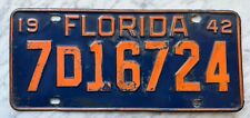 1942 Florida License Plate - Nice Original Paint Condition picture