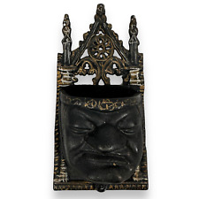 Vintage Cast Iron Match Holder Gothic Figural Face Gargoyle Metal Wall Mount 7