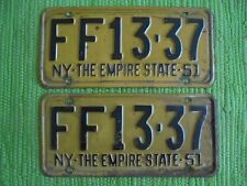 1951 New York License Plate Matched Pair 51 NY Tag FF13-37 Plates  picture