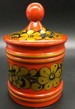 USSR 1984 lacquer lidded canister gold & black hand painted on rust red 5” X 3”  picture