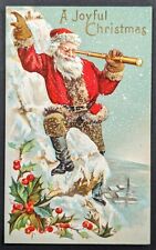 Postcard Vintage Christmas Santa Clause Using Telescope Monocular Mountain picture