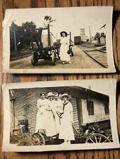 2 Early 1900s Photograph Automobile Homemade Car Bicycle Girls Train Tracks Town picture