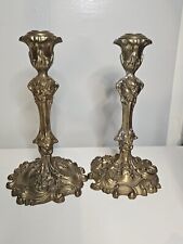 Pair Antique Solid Brass Candlestick Leaves Grapes Vines 10