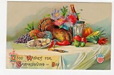 Thanksgiving Vintage Postcard Turkey on Table Champagne Bucket Oysters Patriotic picture